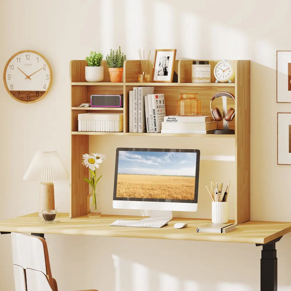 Desktop Bookshelf Countertop Storage Hutch with 6 Shelves-Beige - Beige - Bookcases