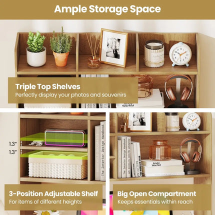 Desktop Bookshelf Countertop Storage Hutch with 6 Shelves-Natural - Natural - Bookcases