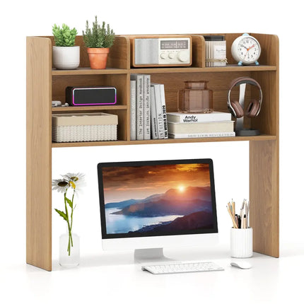 Desktop Bookshelf Countertop Storage Hutch with 6 Shelves-Natural - Natural - Bookcases