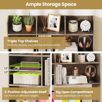 Desktop Bookshelf Countertop Storage Hutch with 6 Shelves-Oak - Oak - Bookcases