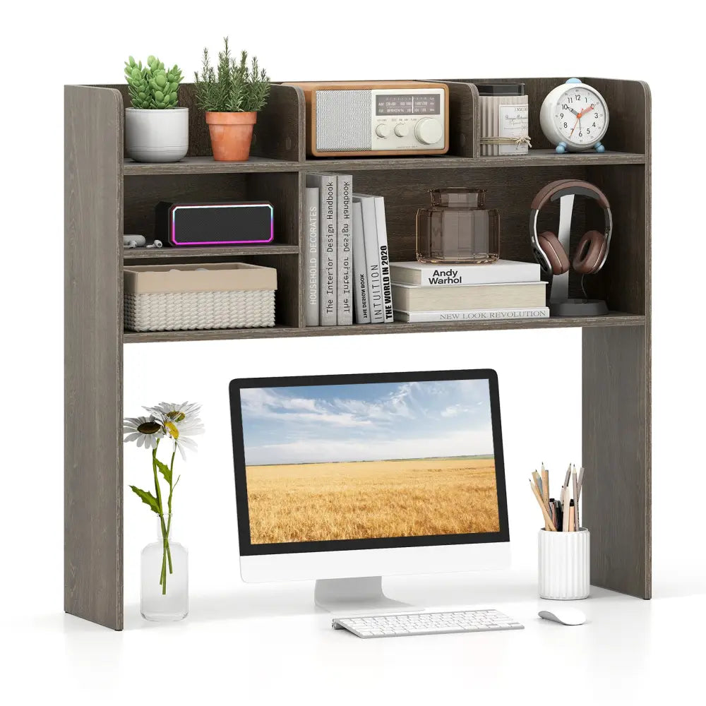 Desktop Bookshelf Countertop Storage Hutch with 6 Shelves-Oak - Oak - Bookcases