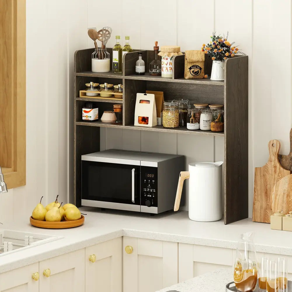 Desktop Bookshelf Countertop Storage Hutch with 6 Shelves-Oak - Oak - Bookcases
