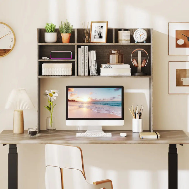 Desktop Bookshelf Countertop Storage Hutch with 6 Shelves-Oak - Oak - Bookcases