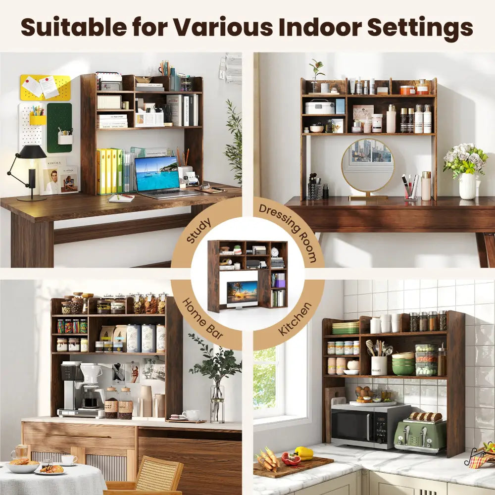 Desktop Bookshelf Countertop Storage Hutch with 6 Shelves-Rustic Brown - Rustic Brown - Bookcases