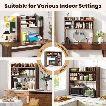 Desktop Bookshelf Countertop Storage Hutch with 6 Shelves-Rustic Brown - Rustic Brown - Bookcases