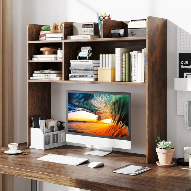 Desktop Bookshelf Countertop Storage Hutch with 6 Shelves-Rustic Brown - Rustic Brown - Bookcases