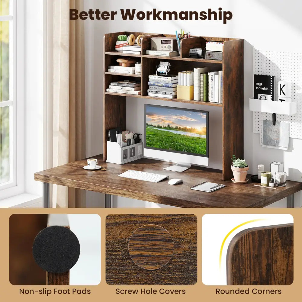Desktop Bookshelf Countertop Storage Hutch with 6 Shelves-Rustic Brown - Rustic Brown - Bookcases