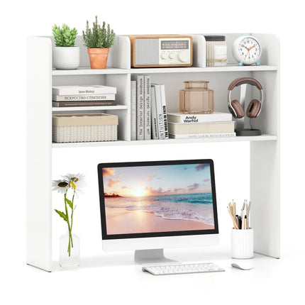Desktop Bookshelf Countertop Storage Hutch with 6 Shelves-White - White - Bookcases