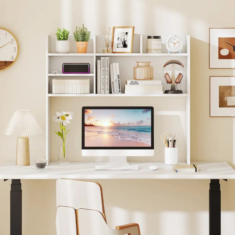 Desktop Bookshelf Countertop Storage Hutch with 6 Shelves-White - White - Bookcases