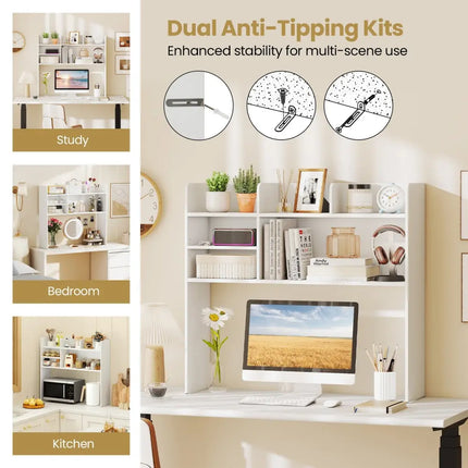 Desktop Bookshelf Countertop Storage Hutch with 6 Shelves-White - White - Bookcases