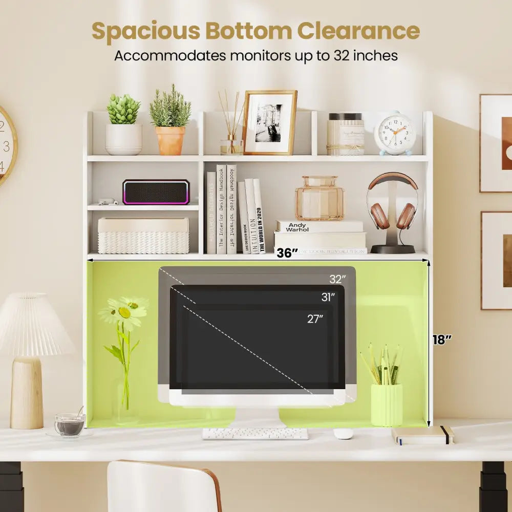 Desktop Bookshelf Countertop Storage Hutch with 6 Shelves-White - White - Bookcases