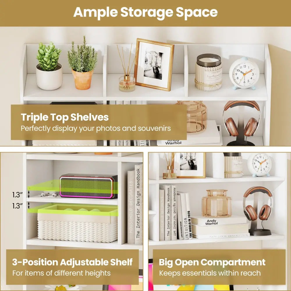 Desktop Bookshelf Countertop Storage Hutch with 6 Shelves-White - White - Bookcases