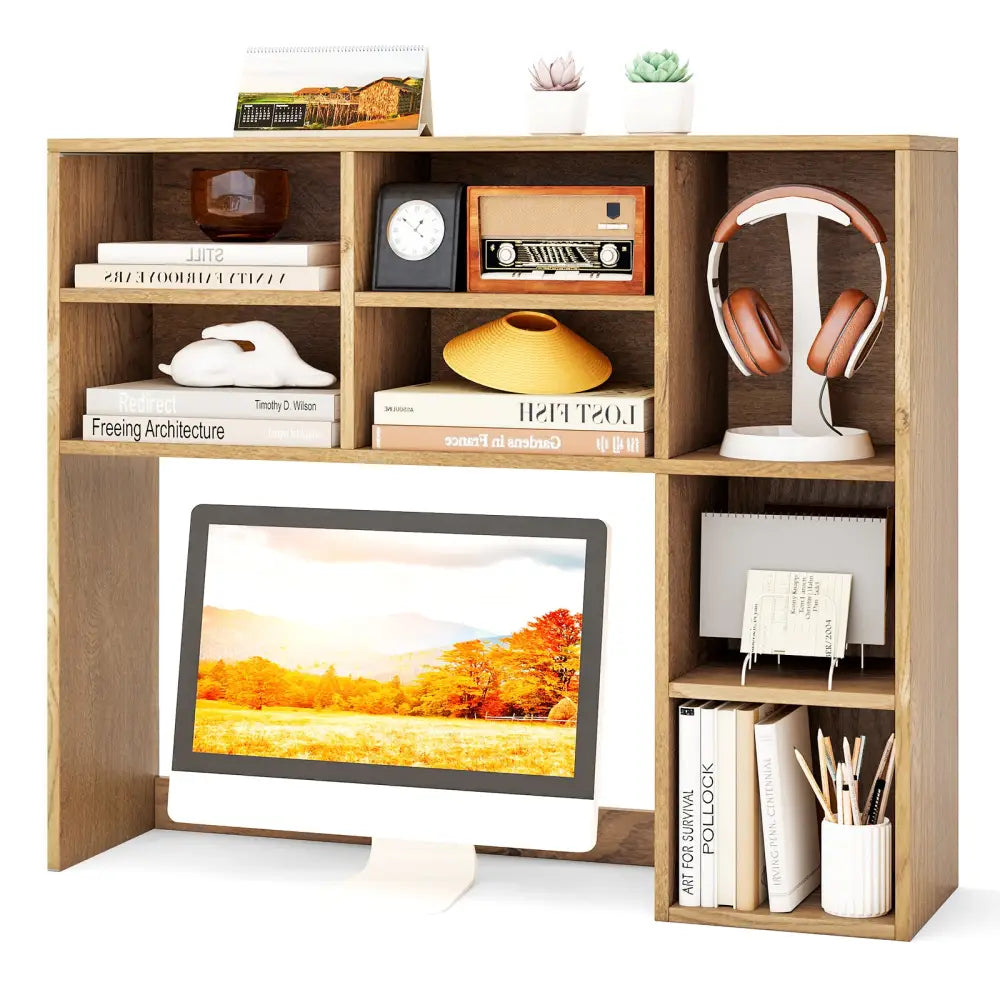 Desktop Bookshelf with 7 Open Cubbies and 3 Adjustable Shelves-Natural - Natural - Bookcases