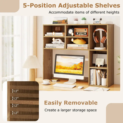 Desktop Bookshelf with 7 Open Cubbies and 3 Adjustable Shelves-Natural - Natural - Bookcases