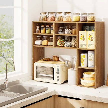 Desktop Bookshelf with 7 Open Cubbies and 3 Adjustable Shelves-Natural - Natural - Bookcases