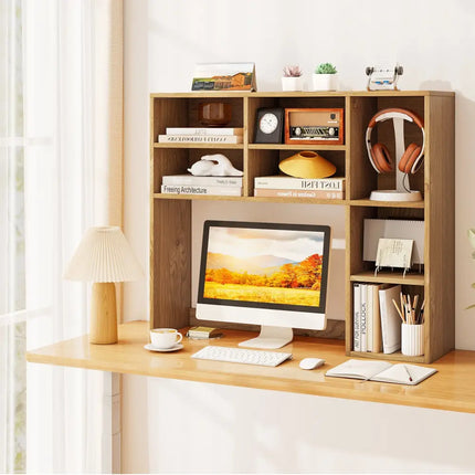 Desktop Bookshelf with 7 Open Cubbies and 3 Adjustable Shelves-Natural - Natural - Bookcases