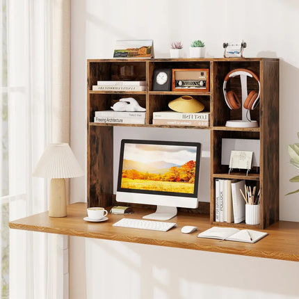 Desktop Bookshelf with 7 Open Cubbies and 3 Adjustable Shelves-Brown - Brown - Bookcases