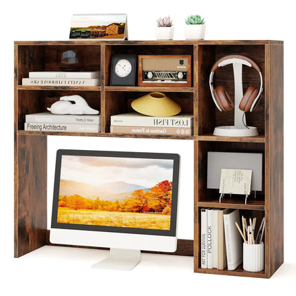 Desktop Bookshelf with 7 Open Cubbies and 3 Adjustable Shelves-Brown - Brown - Bookcases
