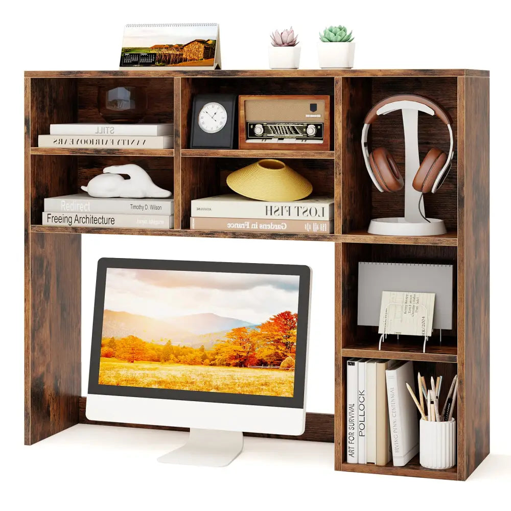 Desktop Bookshelf with 7 Open Cubbies and 3 Adjustable Shelves-Brown - Brown - Bookcases