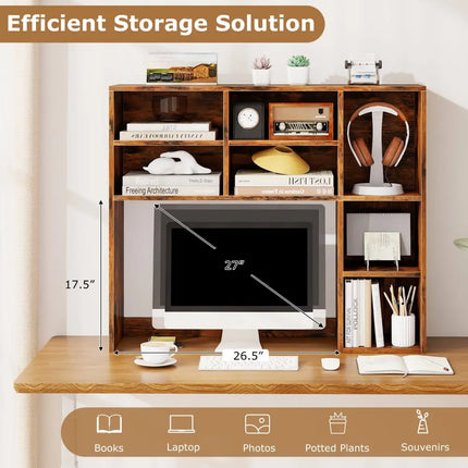 Desktop Bookshelf with 7 Open Cubbies and 3 Adjustable Shelves-Brown - Brown - Bookcases