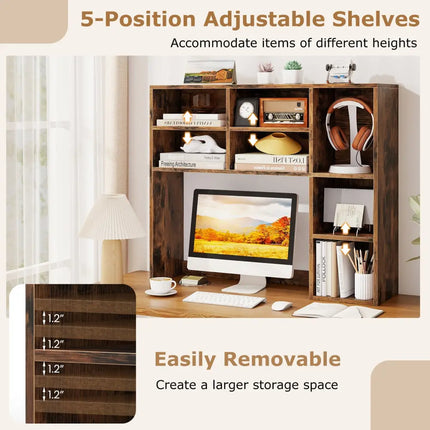 Desktop Bookshelf with 7 Open Cubbies and 3 Adjustable Shelves-Brown - Brown - Bookcases