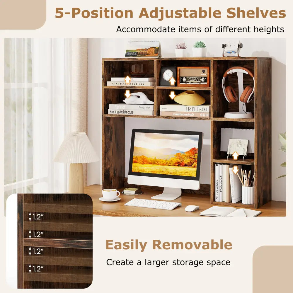 Desktop Bookshelf with 7 Open Cubbies and 3 Adjustable Shelves-Brown - Brown - Bookcases