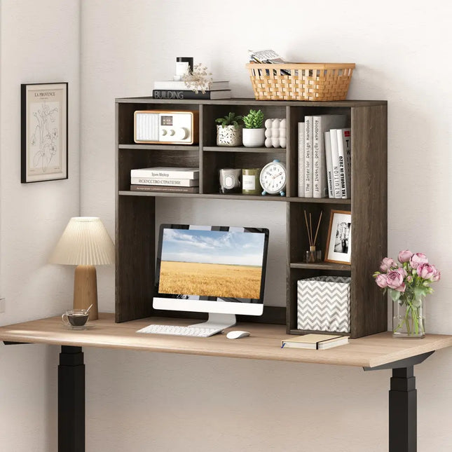 Desktop Bookshelf with 7 Open Cubbies and 3 Adjustable Shelves-Oak - Oak - Bookcases