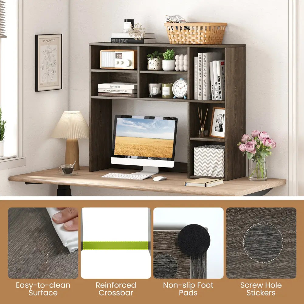 Desktop Bookshelf with 7 Open Cubbies and 3 Adjustable Shelves-Oak - Oak - Bookcases