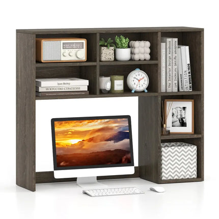 Desktop Bookshelf with 7 Open Cubbies and 3 Adjustable Shelves-Oak - Oak - Bookcases