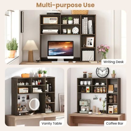 Desktop Bookshelf with 7 Open Cubbies and 3 Adjustable Shelves-Oak - Oak - Bookcases