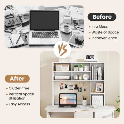 Desktop Bookshelf with 7 Open Cubbies and 3 Adjustable Shelves-White - White - Bookcases