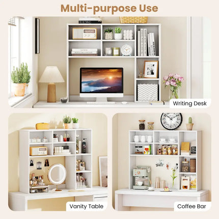 Desktop Bookshelf with 7 Open Cubbies and 3 Adjustable Shelves-White - White - Bookcases