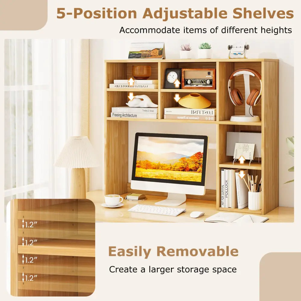 Desktop Bookshelf with 7 Open Cubbies and 3 Adjustable Shelves-Yellow - Yellow - Bookcases