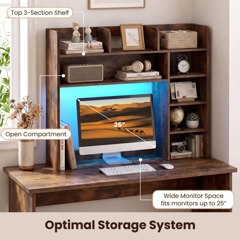 Desktop Bookshelf with LED Lights 35.5 inch Desk Hutch Storage Organizer-Rustic Brown - Rustic Brown - Bookcases
