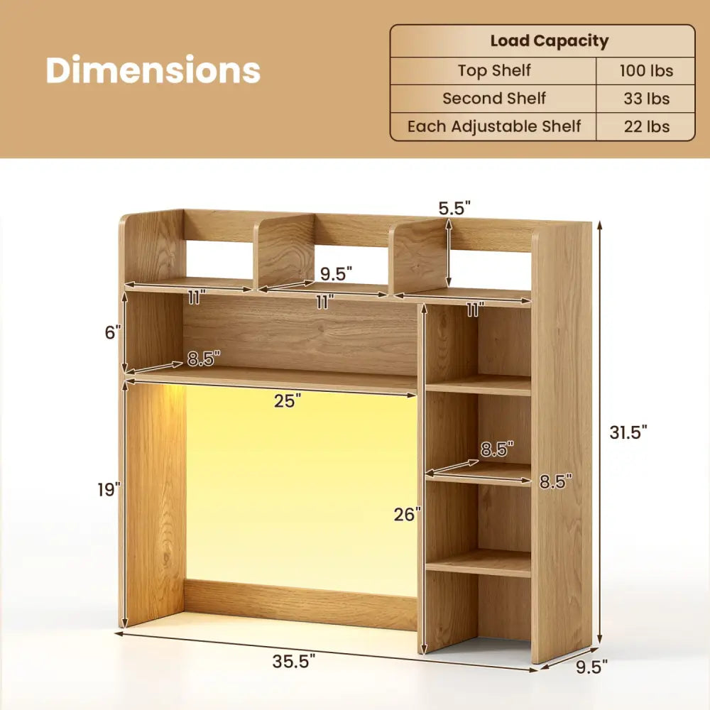 Desktop Bookshelf with LED Lights 35.5 inch Desk Hutch Storage Organizer-Natural - Natural - Bookcases