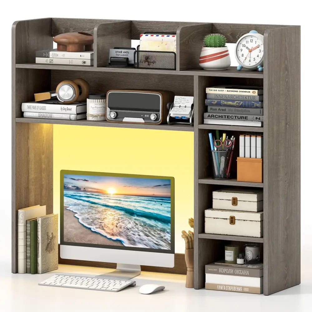 Desktop Bookshelf with LED Lights 35.5 inch Desk Hutch Storage Organizer-Oak - Oak - Bookcases