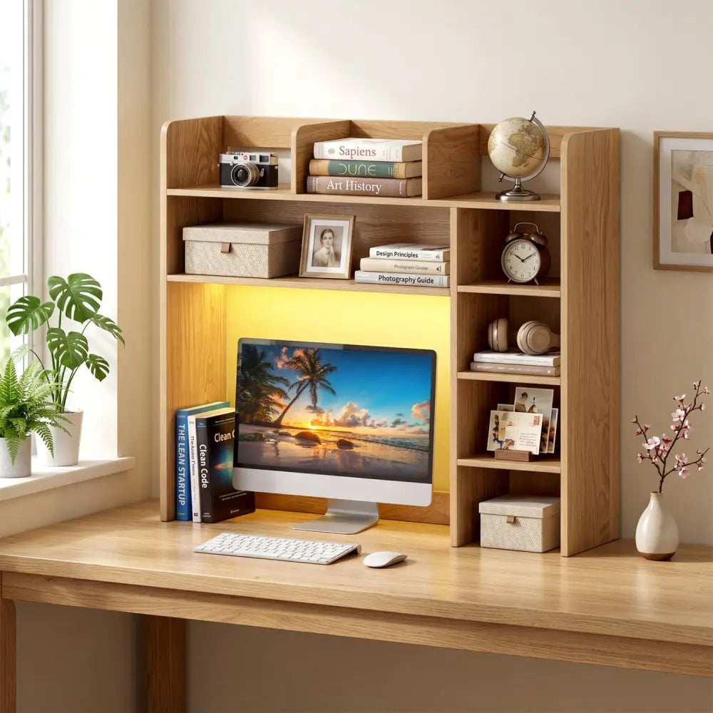 Desktop Bookshelf with LED Lights 35.5 inch Desk Hutch Storage Organizer-Natural - Natural - Bookcases