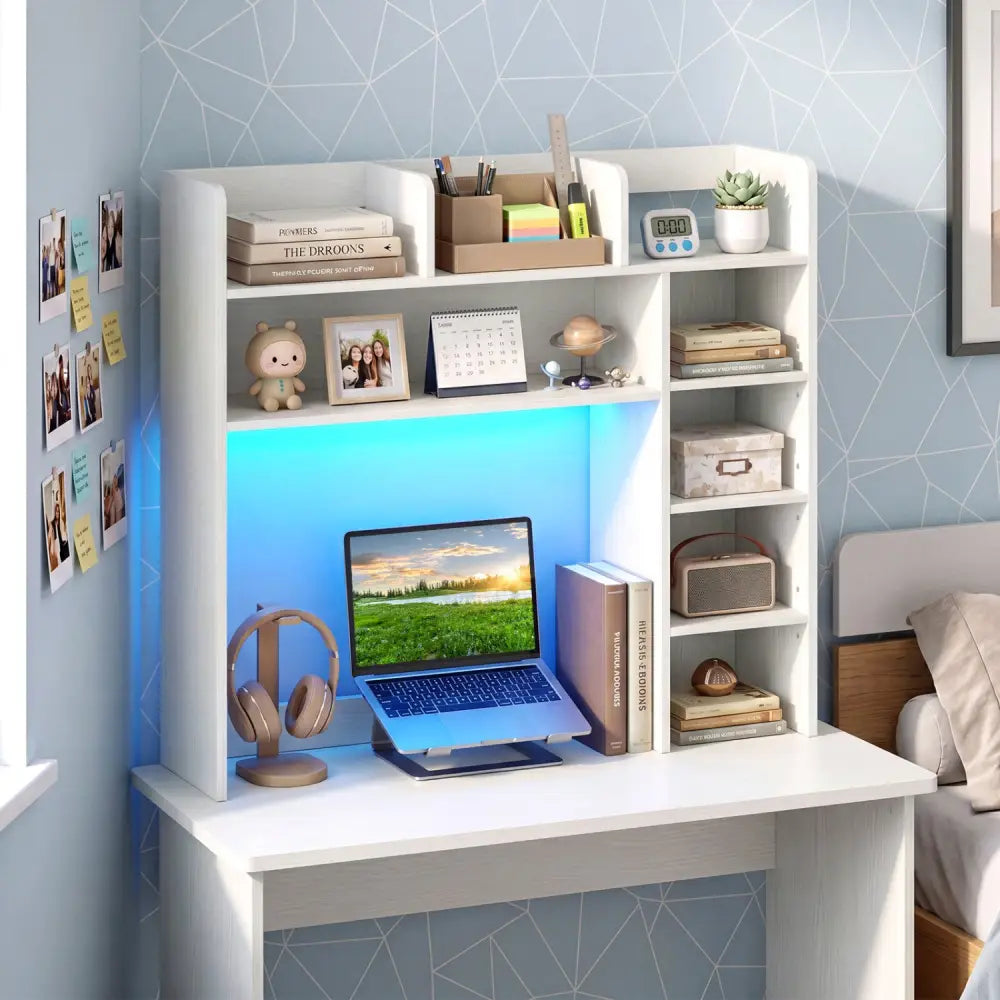 Desktop Bookshelf with LED Lights 35.5 inch Desk Hutch Storage Organizer-White - White - Bookcases