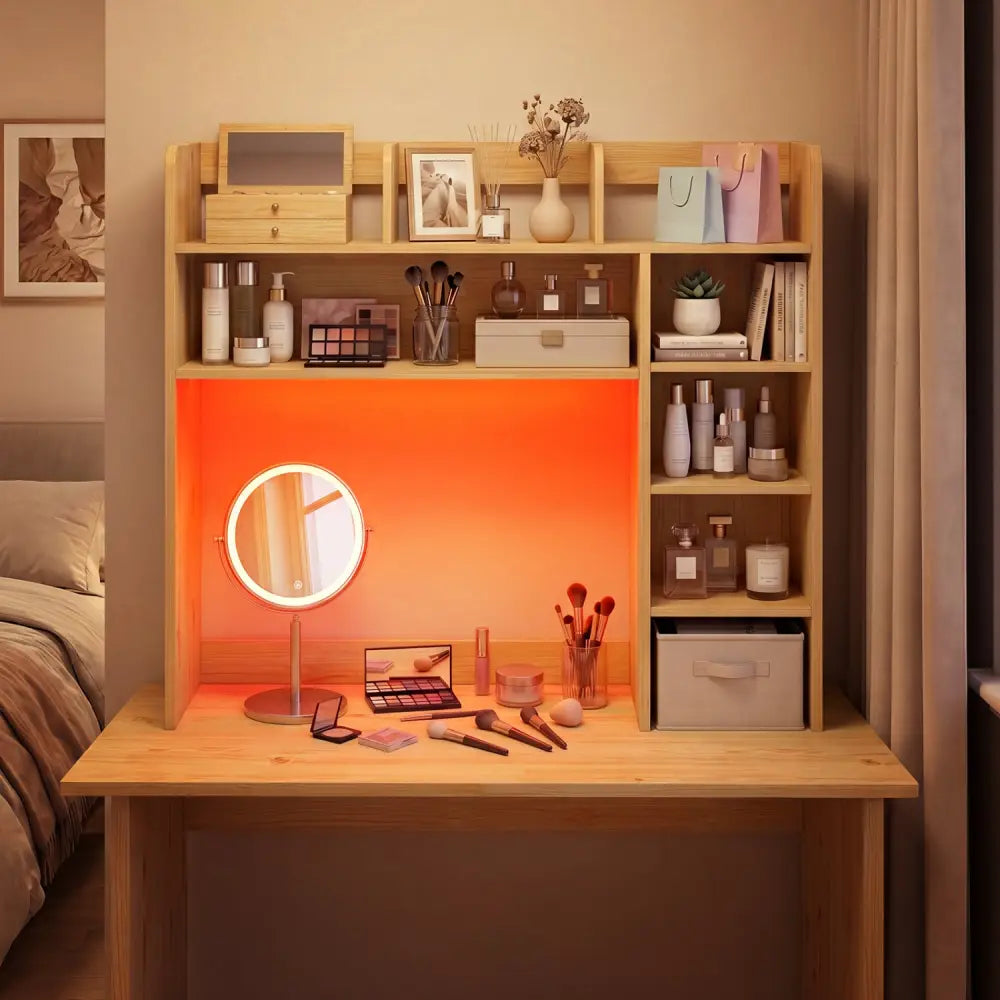 Desktop Bookshelf with LED Lights 35.5 inch Desk Hutch Storage Organizer-Beige - Beige - Bookcases