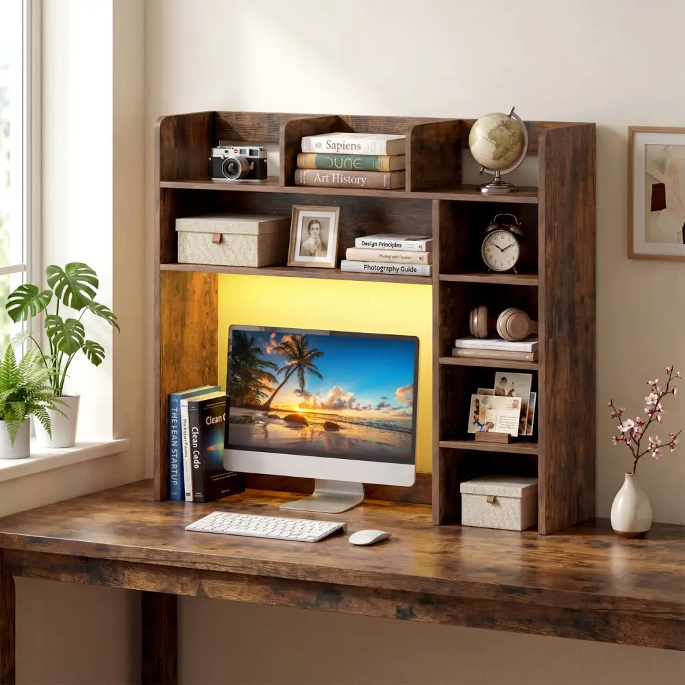 Desktop Bookshelf with LED Lights 35.5 inch Desk Hutch Storage Organizer-Rustic Brown - Rustic Brown - Bookcases