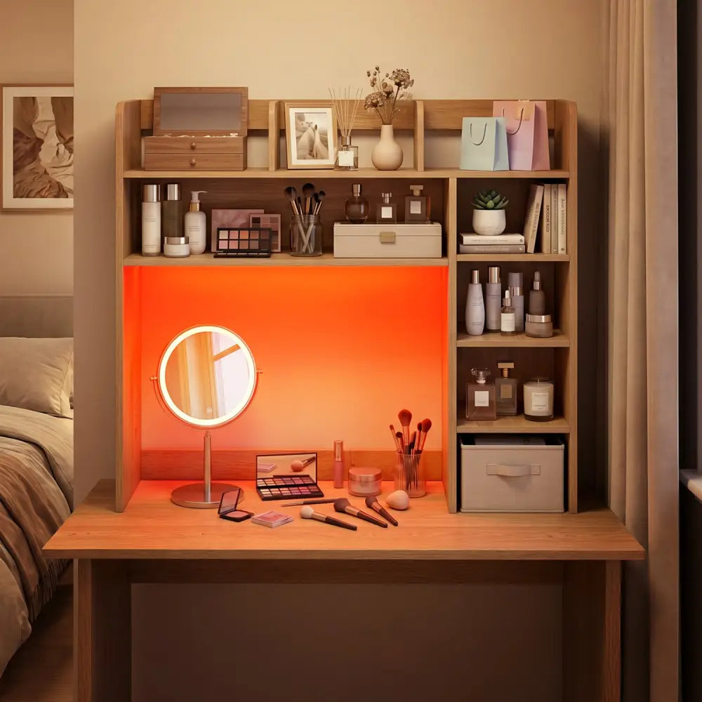Desktop Bookshelf with LED Lights 35.5 inch Desk Hutch Storage Organizer-Natural - Natural - Bookcases