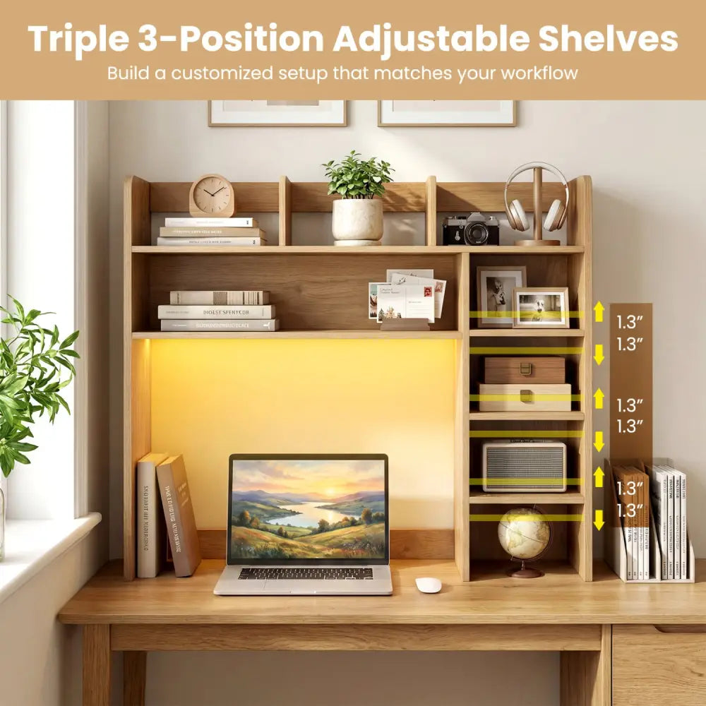 Desktop Bookshelf with LED Lights 35.5 inch Desk Hutch Storage Organizer-Natural - Natural - Bookcases