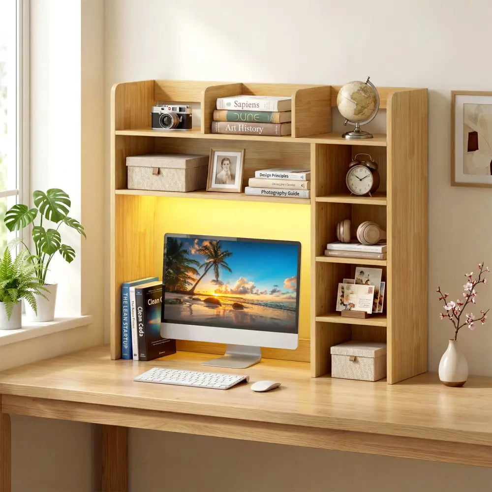 Desktop Bookshelf with LED Lights 35.5 inch Desk Hutch Storage Organizer-Beige - Beige - Bookcases