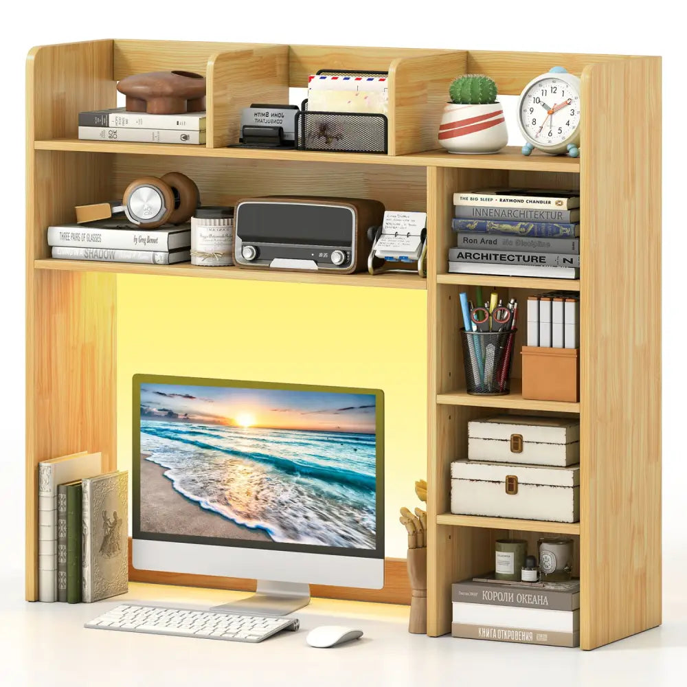 Desktop Bookshelf with LED Lights 35.5 inch Desk Hutch Storage Organizer-Beige - Beige - Bookcases