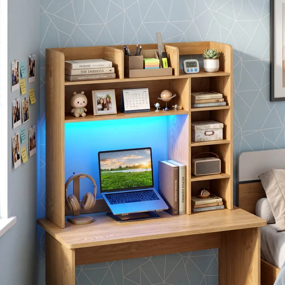 Desktop Bookshelf with LED Lights 35.5 inch Desk Hutch Storage Organizer-Natural - Natural - Bookcases