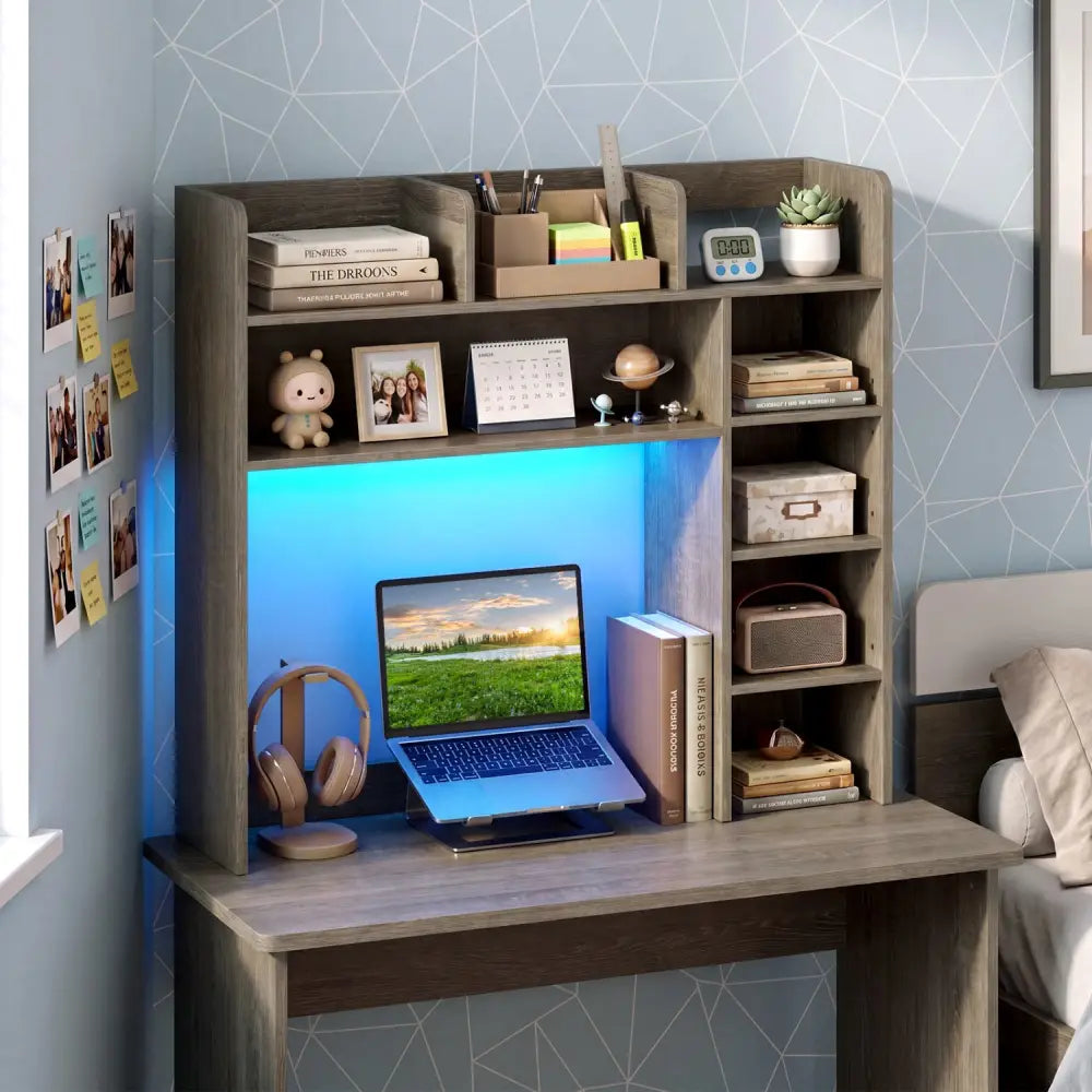 Desktop Bookshelf with LED Lights 35.5 inch Desk Hutch Storage Organizer-Oak - Oak - Bookcases