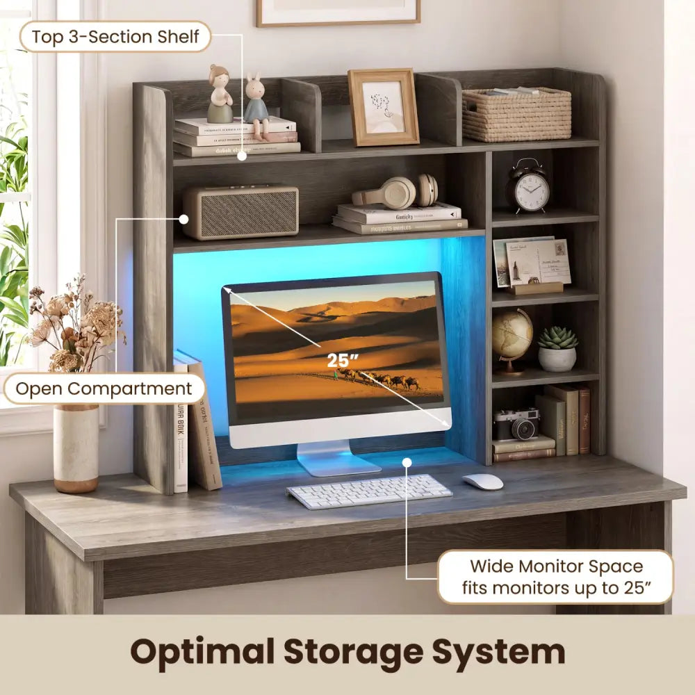 Desktop Bookshelf with LED Lights 35.5 inch Desk Hutch Storage Organizer-Oak - Oak - Bookcases