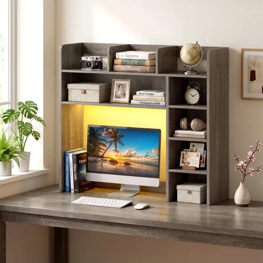 Desktop Bookshelf with LED Lights 35.5 inch Desk Hutch Storage Organizer-Oak - Oak - Bookcases
