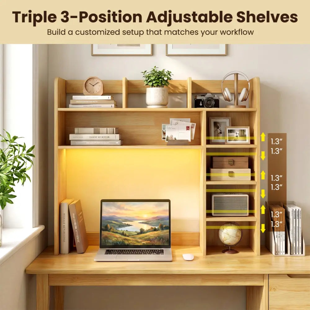 Desktop Bookshelf with LED Lights 35.5 inch Desk Hutch Storage Organizer-Beige - Beige - Bookcases
