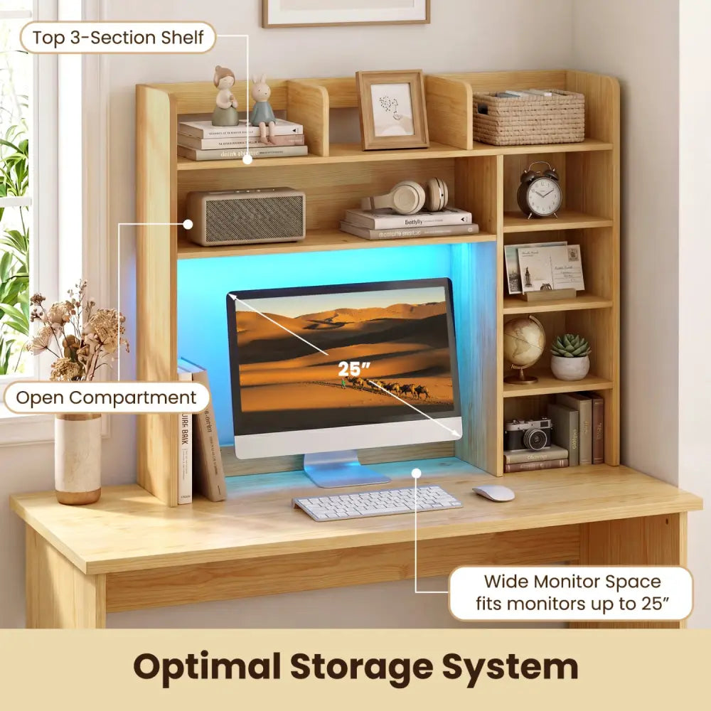 Desktop Bookshelf with LED Lights 35.5 inch Desk Hutch Storage Organizer-Beige - Beige - Bookcases